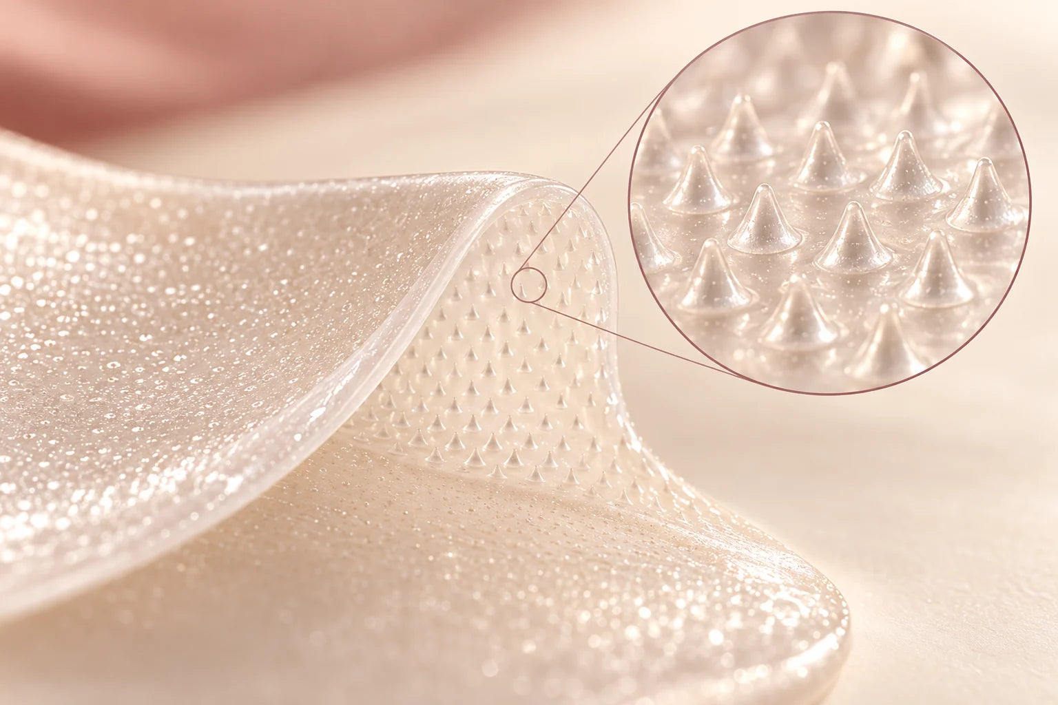 Illustration d’un patch avec un zoom agrandi sur ses micro-pointes dissolvantes